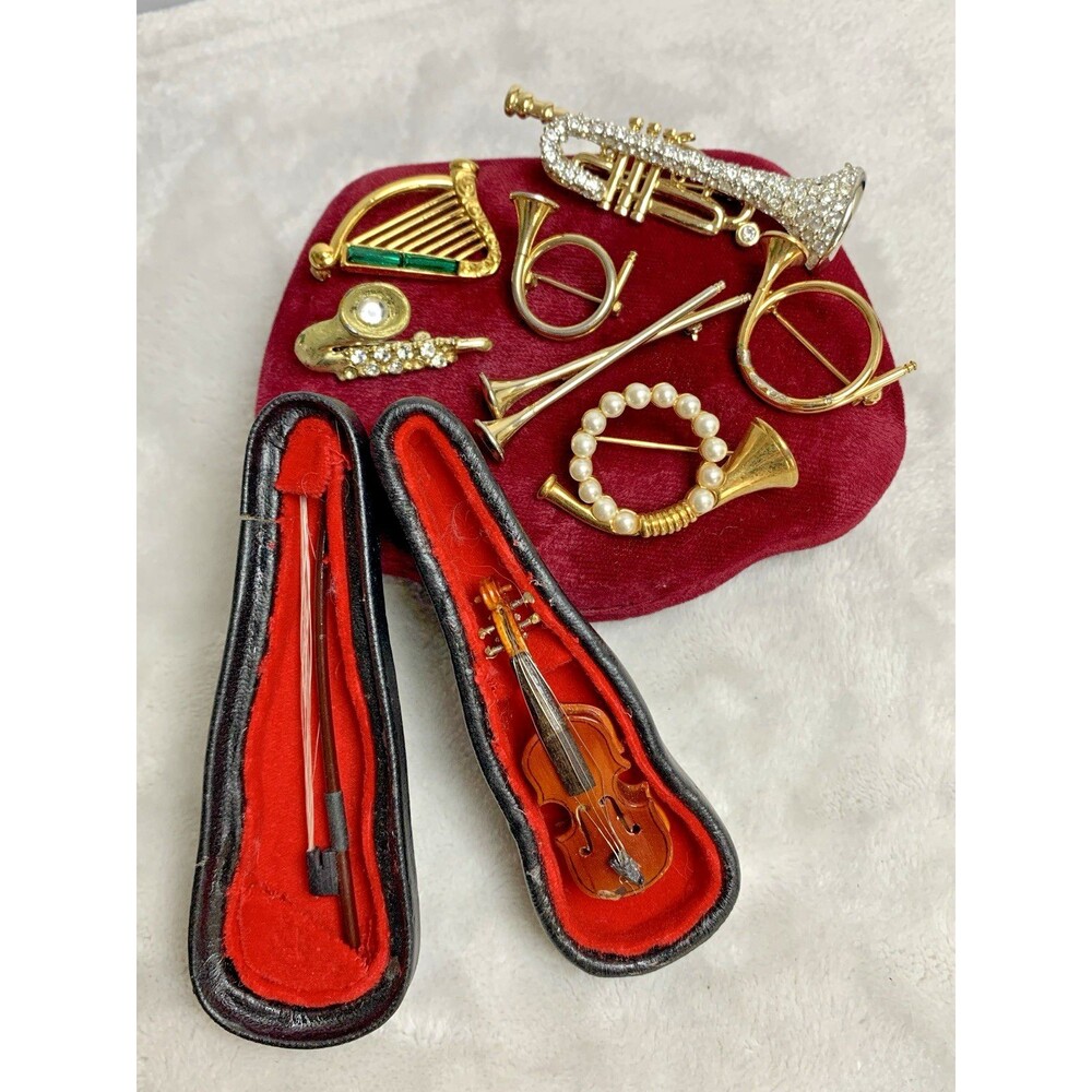 Vintage Musical Brooch Lot Napier Horn Violin Trumpet Harp Rhinestone Figural